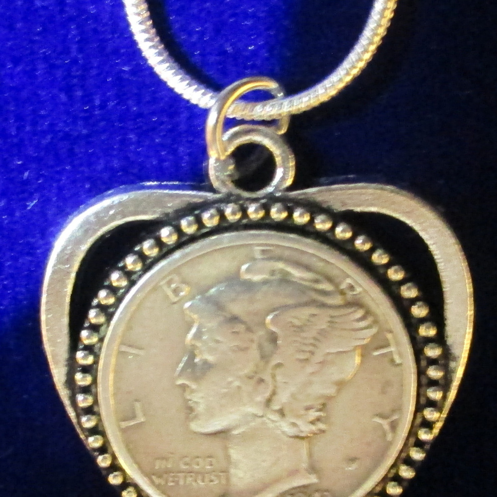 Sterling silver necklace Mercury Dime Heart